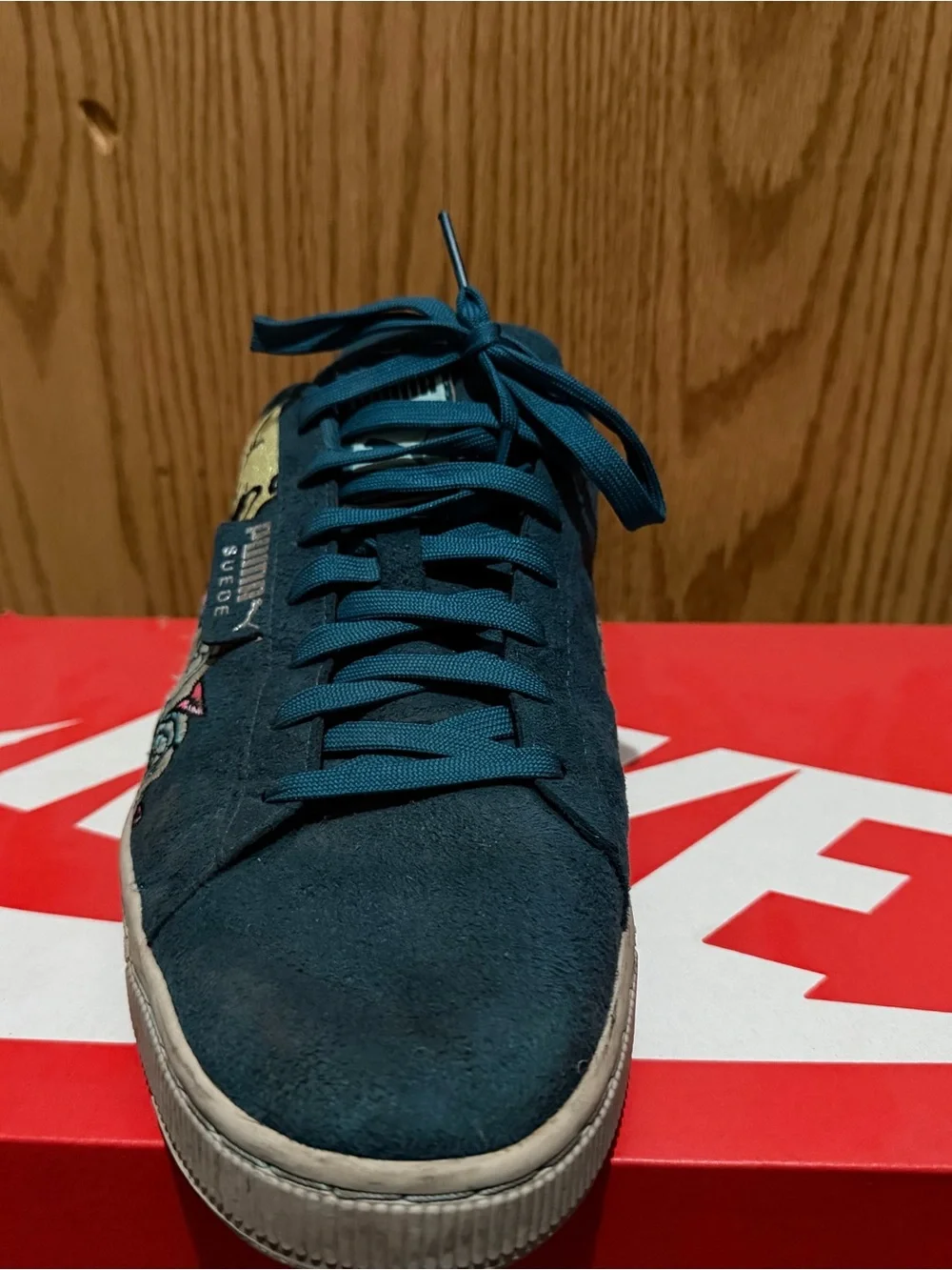 PUMA Teal Suede Sneaker with Skull & Rose Embroidery